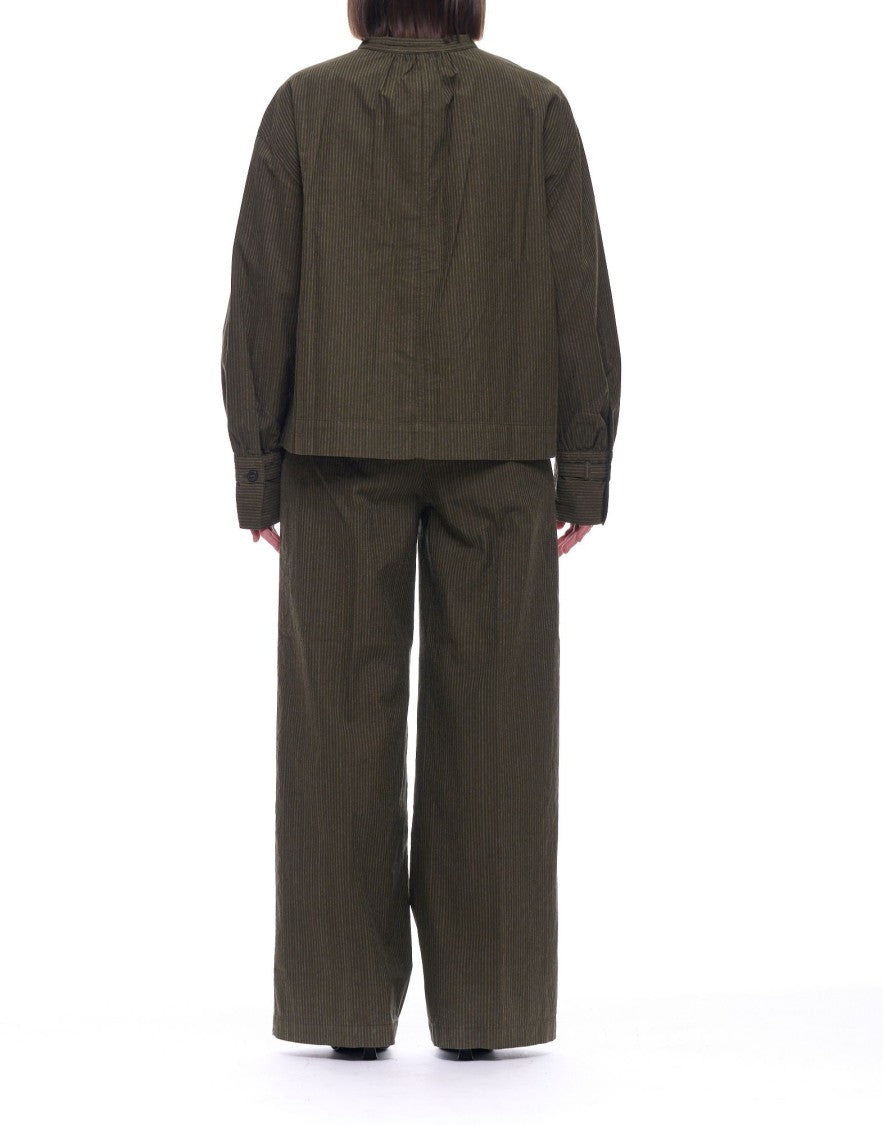 Pomandère Military Green Striped Cotton Loose-Fit Shirt