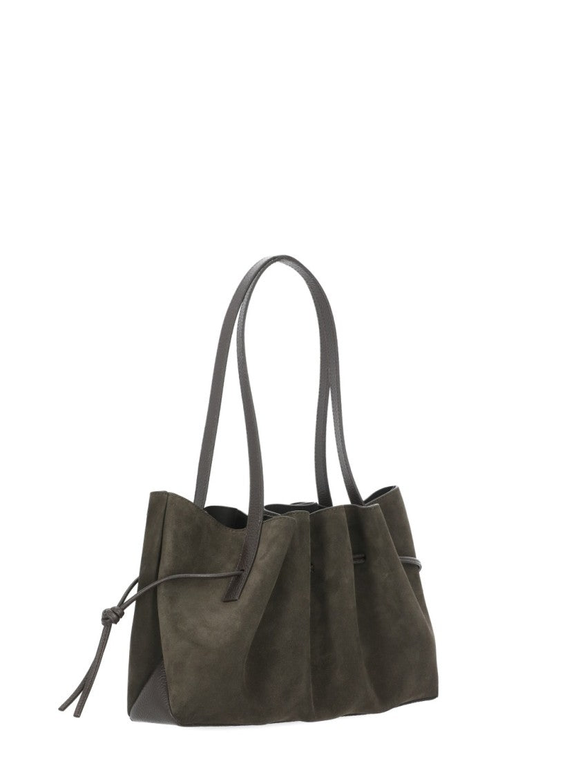 Yuzefi Draped Brown Suede Shoulder Bag With Scalloped Structure