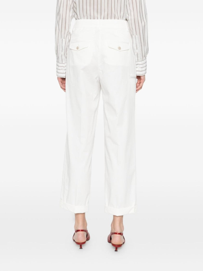 Peserico Cropped White Straight-Leg Trousers With High Waist And Buttoned Flap Pockets