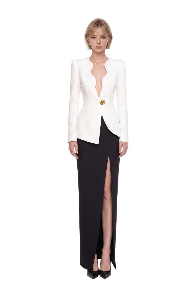 Saiid Kobeisy Crepe Fitted Jacket With Sculpted Plunge Neckline And Gold Floral Clasp