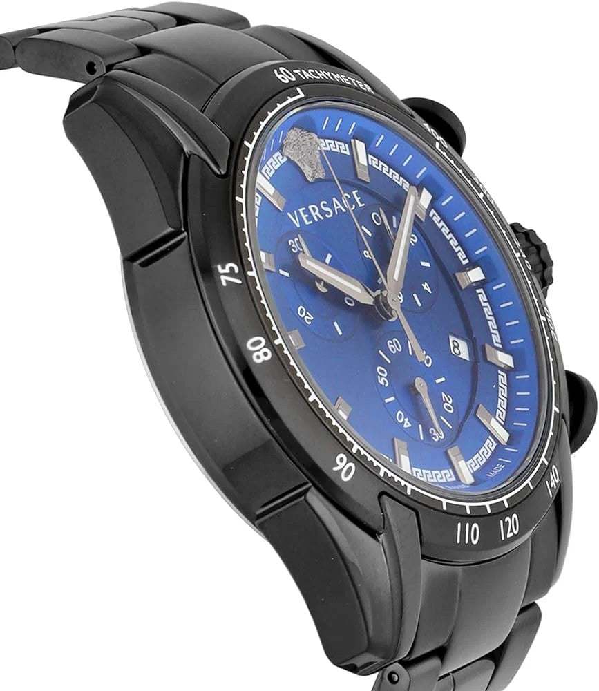 Versace V-Ray Chronograph Watch With Blue Dial And Steel Bracelet