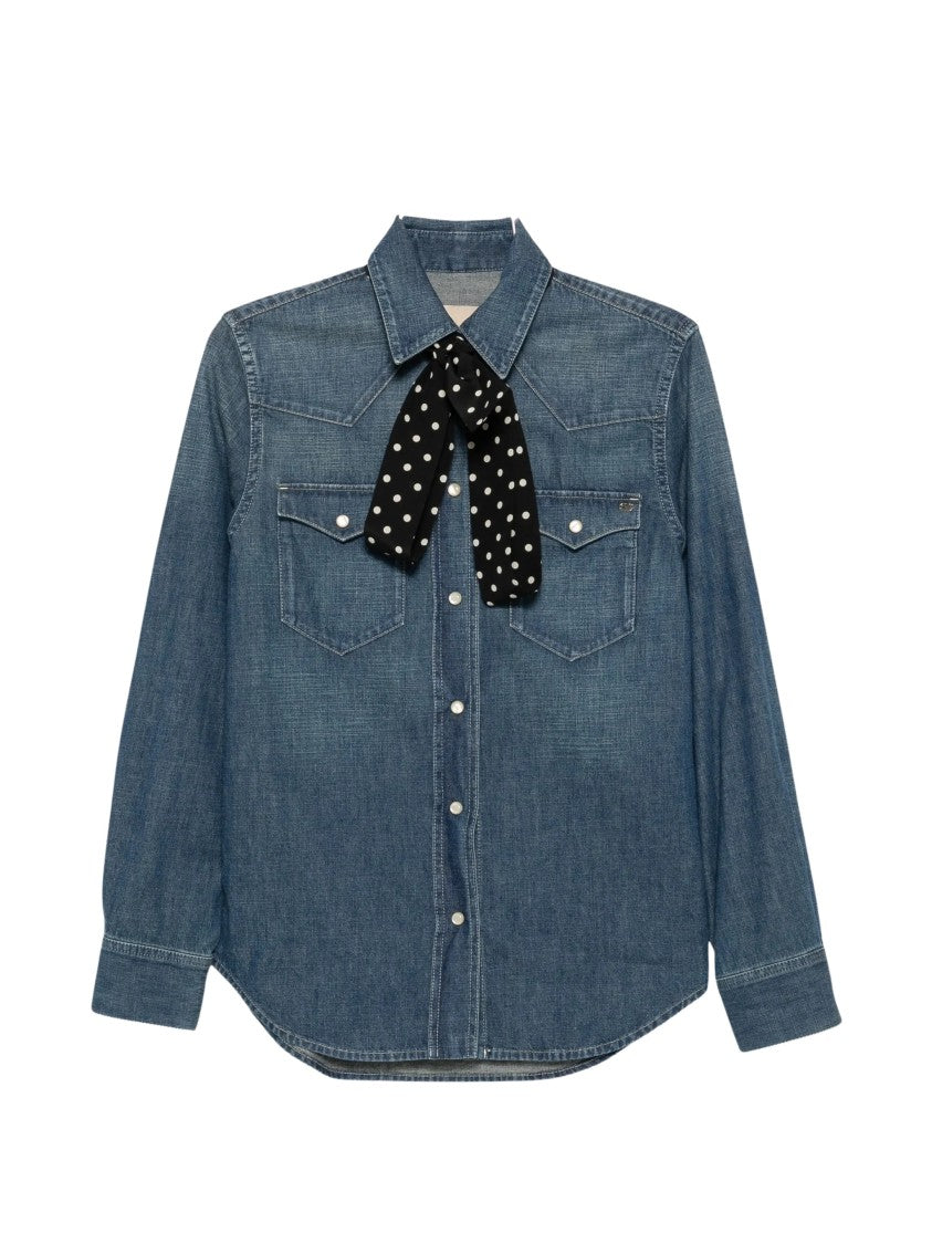 Valentino Blue Polka-Dot Silk-Trimmed Cotton Denim Western Shirt