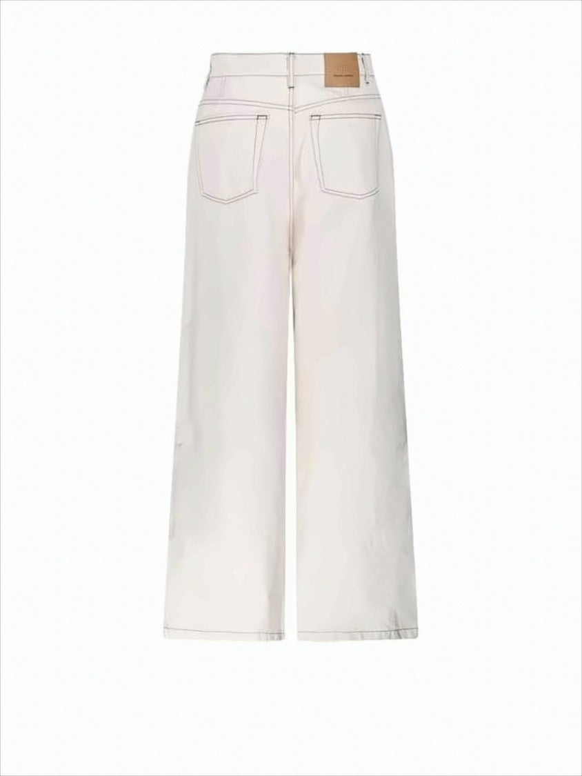 Ami Light Cream Wide-Leg Denim Pants With Contrasting Stitching