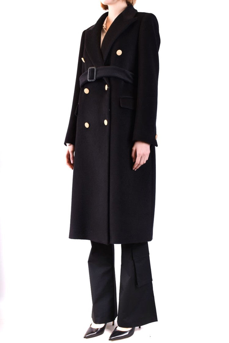 Tagliatore Double-Breasted Long Coat With Gold Buttons And Belted Waist