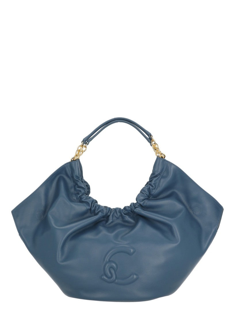Coccinelle Medium Shoulder Bag In Smooth Blue Leather With Gathered Design