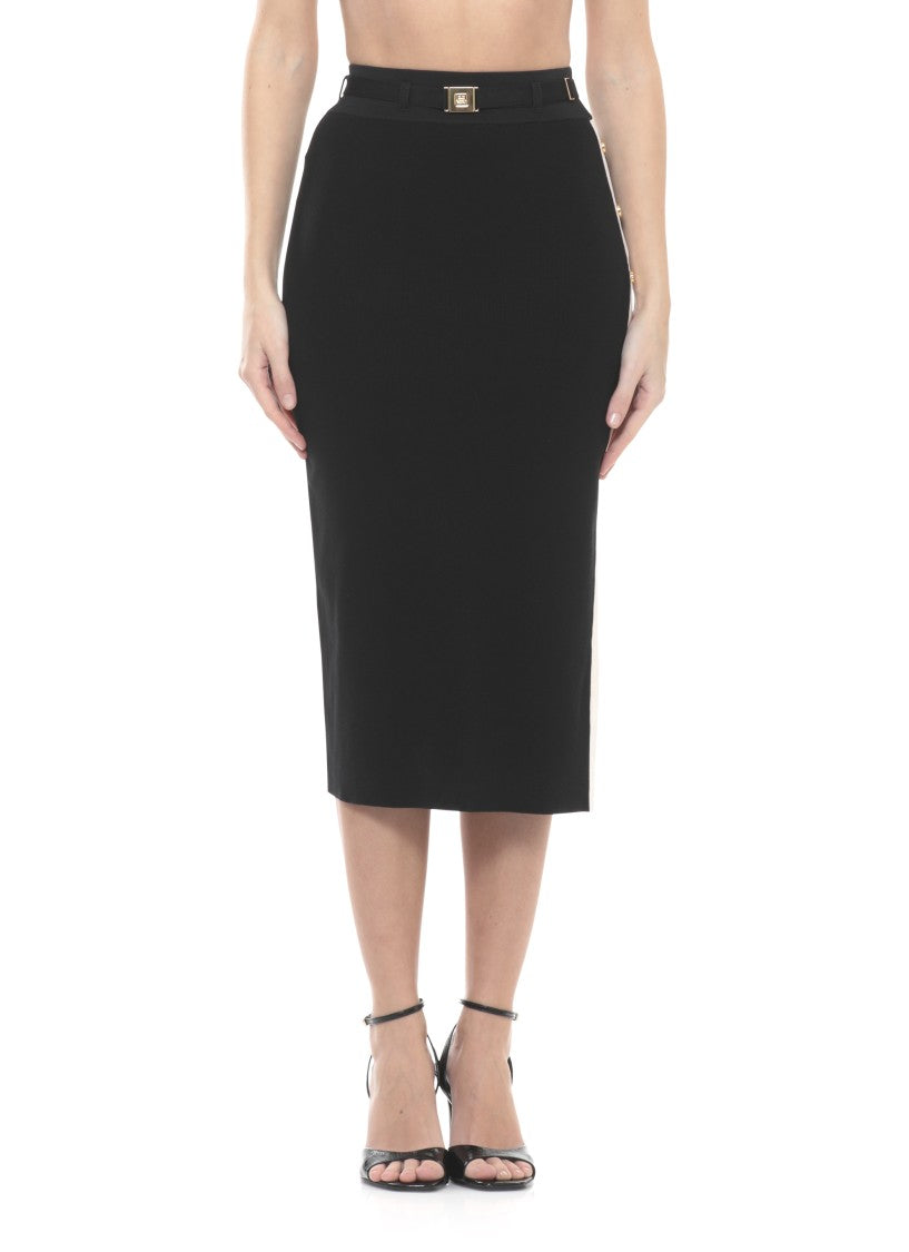 Elisabetta Franchi Pencil Midi Skirt With Logoed Belt And Contrasting Detail