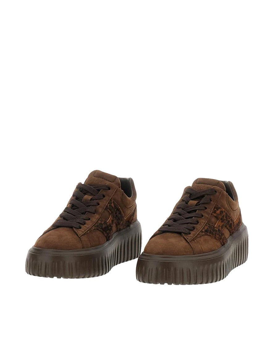 Hogan Brown H-Stripes Suede Leopard Sneakers