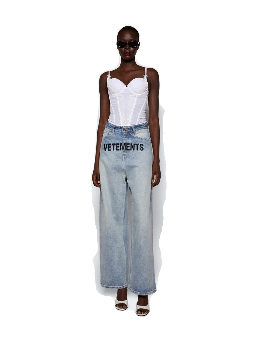 Vetements Embroidered Logo Baggy Jeans Light Blue