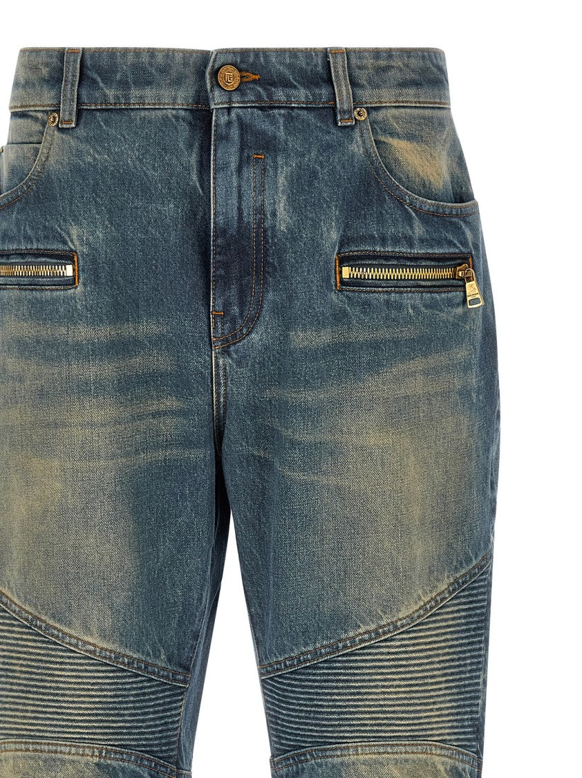 Balmain Vintage Biker Jeans With Ribbed Inserts