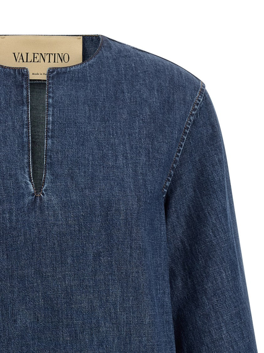 Valentino Garavani Medium Wash Chambray Denim Dress With V-Neck And Antiqued Gold Accents