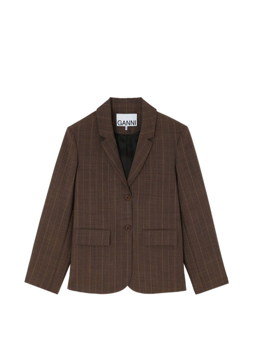 Ganni Grey Reversible Wool Tailored Pinstripes Blazer