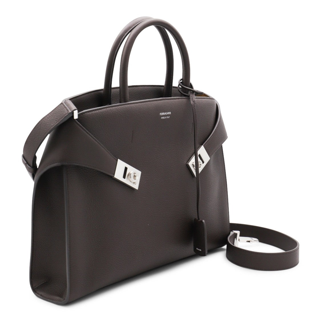 Ferragamo Structured Dark Brown Leather Top Handle Bag With Adjustable Strap
