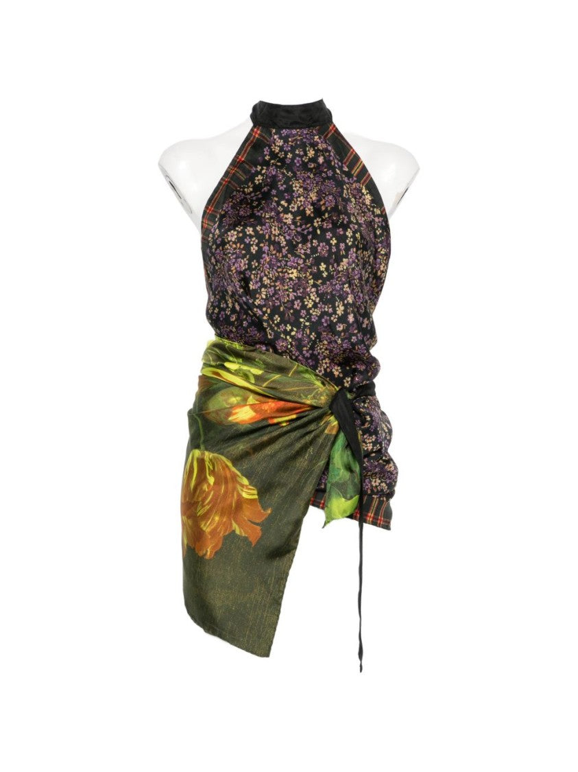 Dries Van Noten Floral Plaid Halter Neck Sleeveless Top