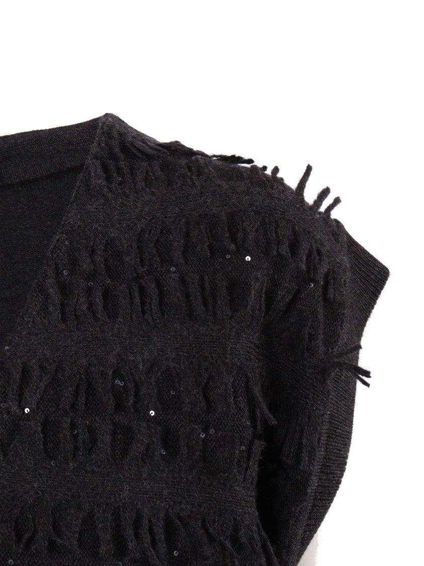 Lorena Antoniazzi Textured Black Knit Vest With Deep V-Neck Design
