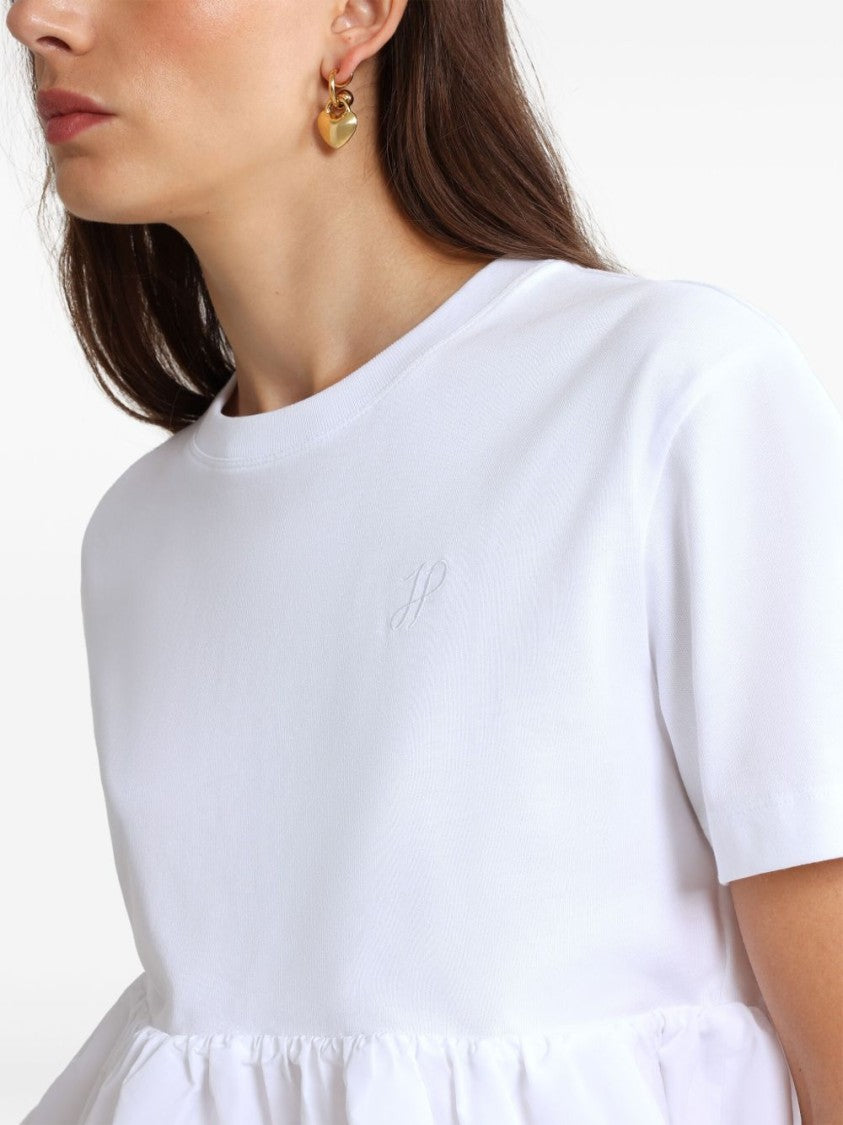 Patou White Crew Neck T-Shirt With Ruffle Hem