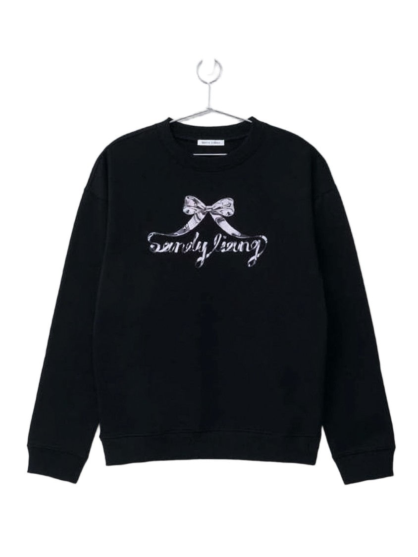 Sandy Liang Long-Sleeve Black Sweatshirt With Decorative Bow Graphic