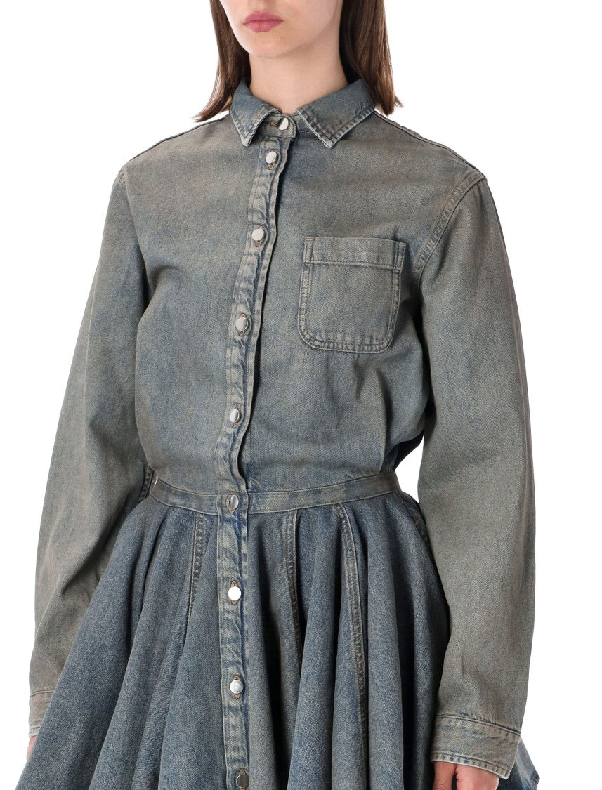 Haikure Button-Down Denim Mini Dress With Pleated Skirt And Classic Collar