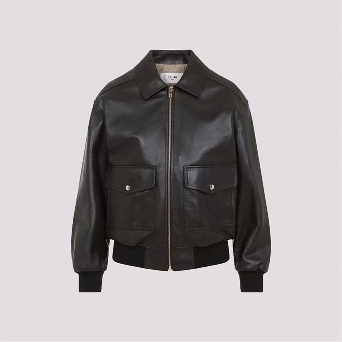 Celine Smooth Lambskin Leather Jacket With Classic Collar And Ribbed Finish