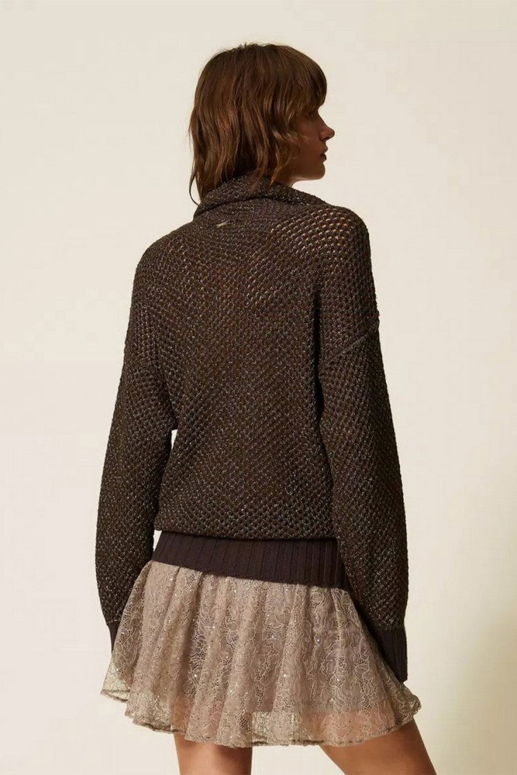 Twin-Set Dark Brown Metallic Honeycomb-Knit Wool-Blend Sweater