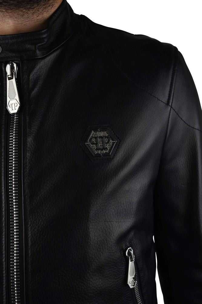 Philipp Plein Black Grained Leather Biker Jacket