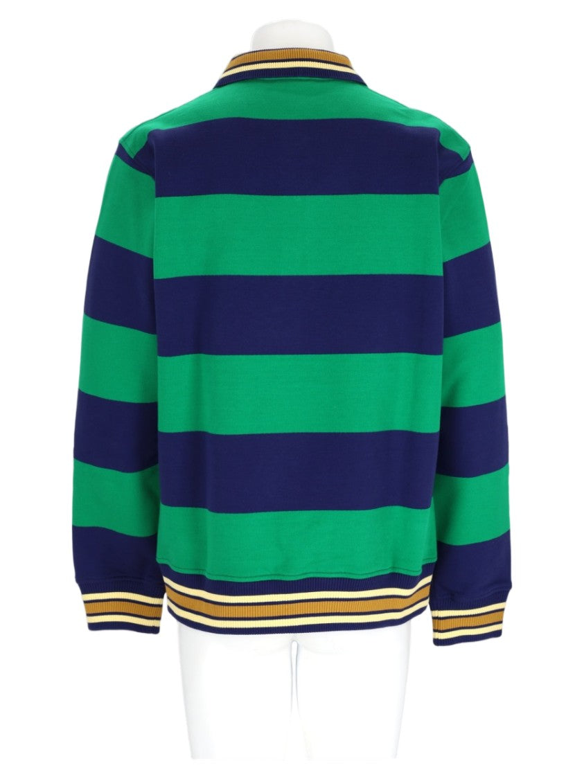 Drôle De Monsieur Green Striped Long-Sleeve Cotton Polo Shirt