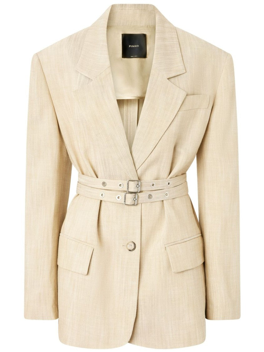 Pinko Structured Beige Jacket With Belted Waist And Pocket Details