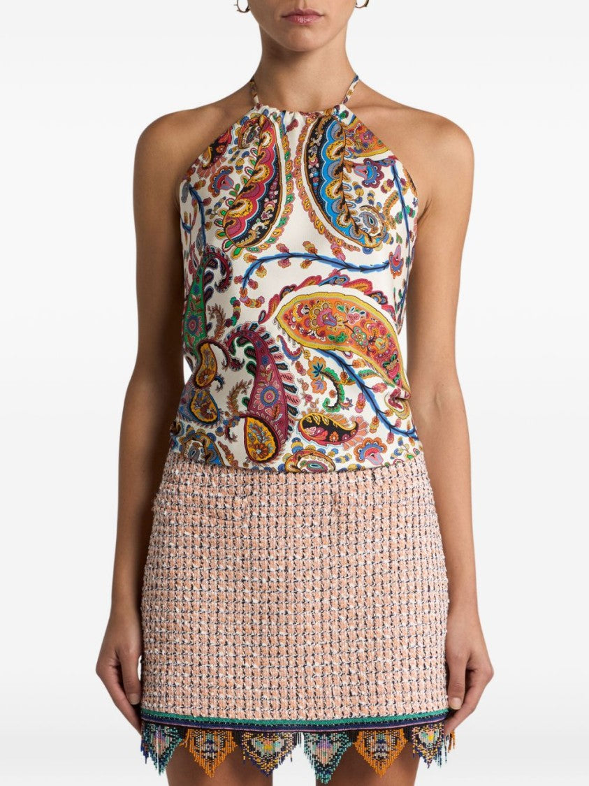 Etro Halter Neck Multicolor Paisley Print Silk Top