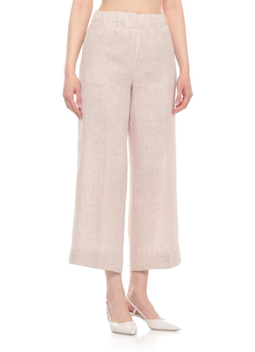 D. Exterior Beige Elastic Waist Linen Shorts