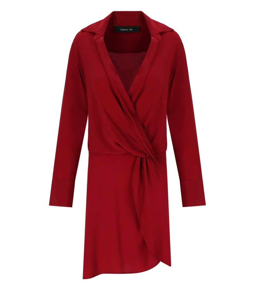 Federica Tosi Deep V-Neck Red Crêpe Dress With Flared Cuffs