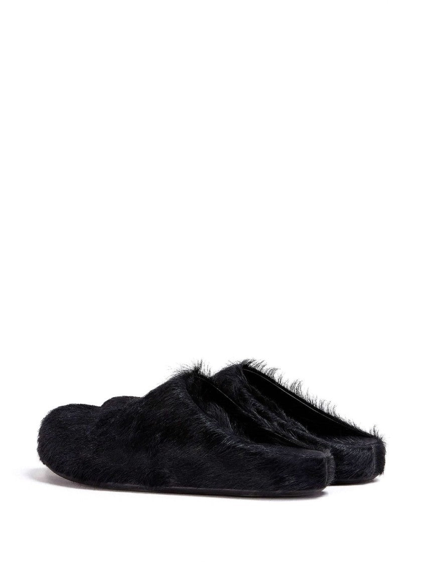Marni Black Calf Hair Round Toe Slip-On Mules