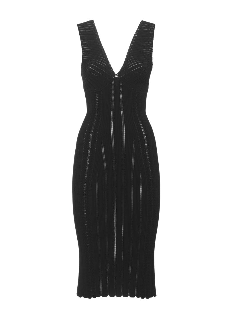 Elisabetta Franchi Ribbed Viscose Midi Dress With Scalloped Hem And Metal Logo