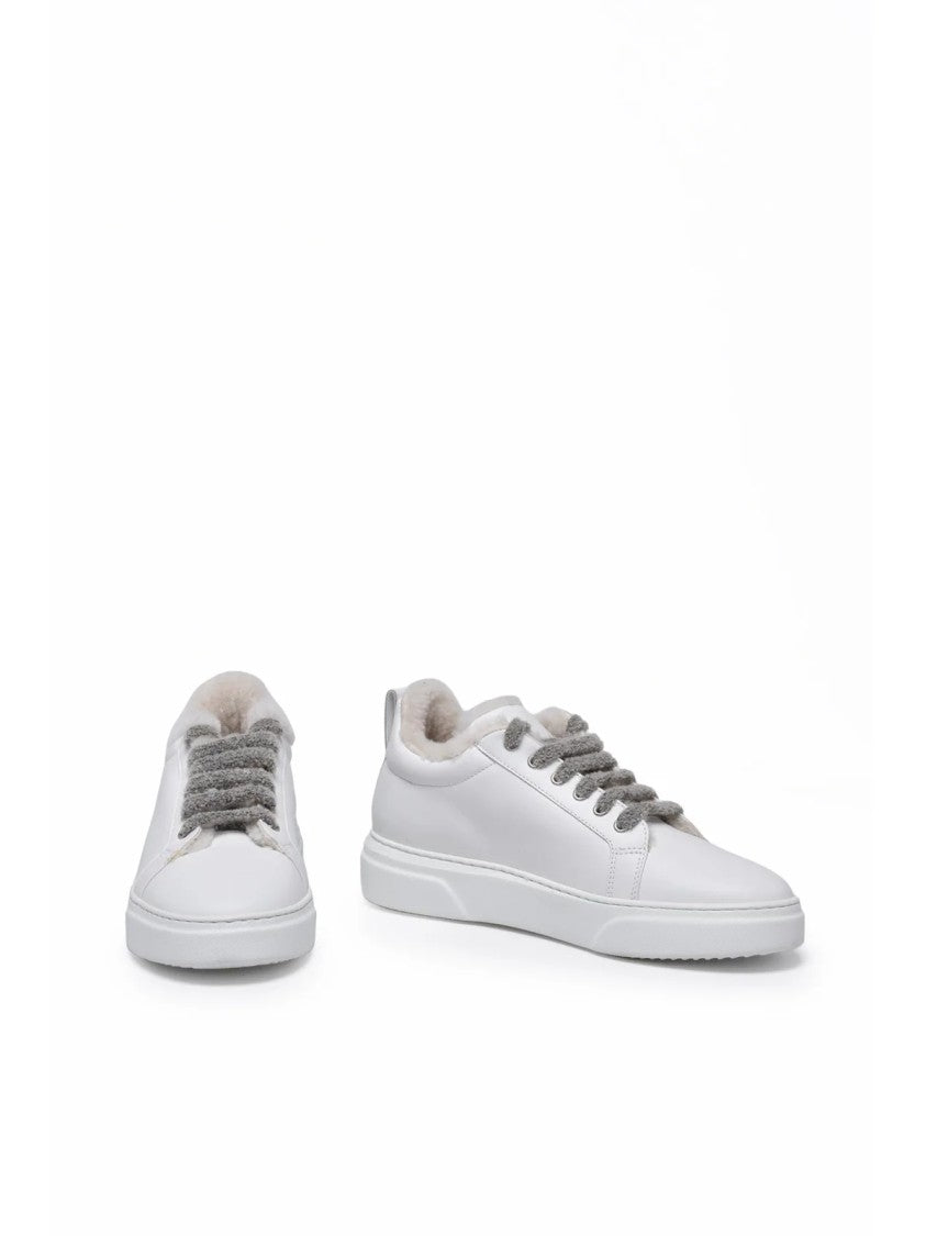 Eleventy White Rounded Toe Plush Interior Leather Sneakers