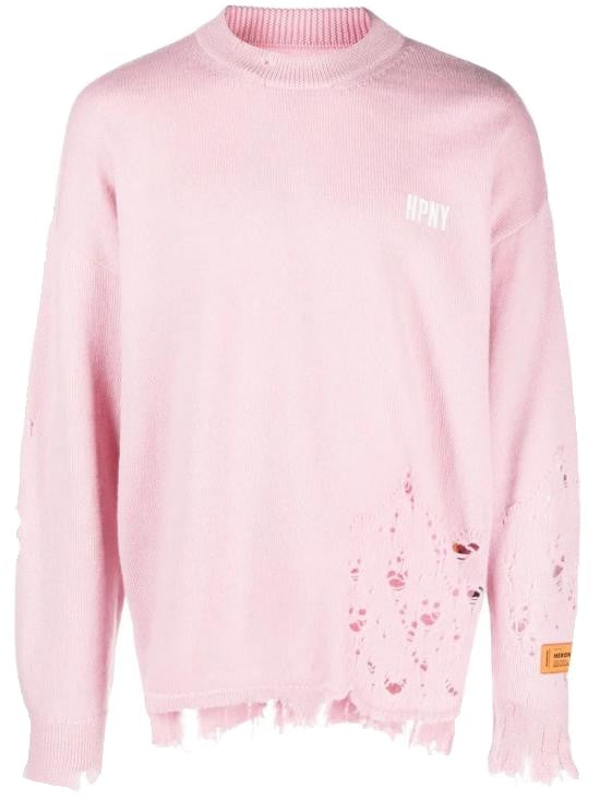 Heron Preston Distressed Pink Wool Sweater With Frayed Edges And Logo