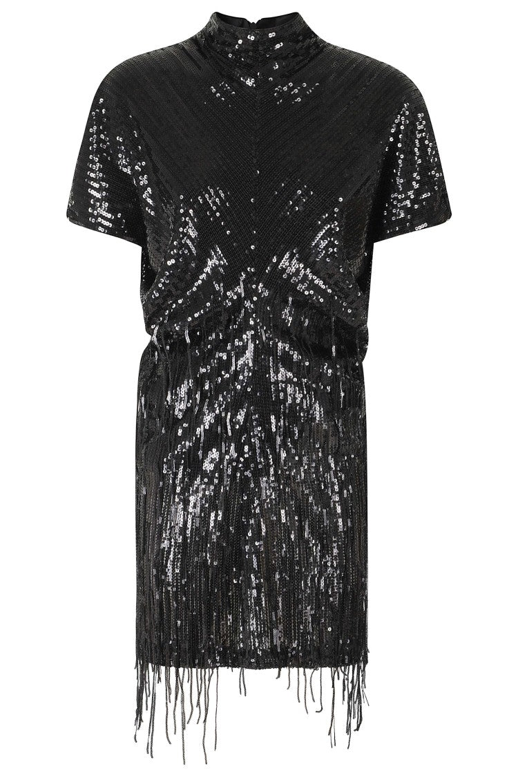Federica Tosi Black Sequined High-Neck Fringe Mini Dress