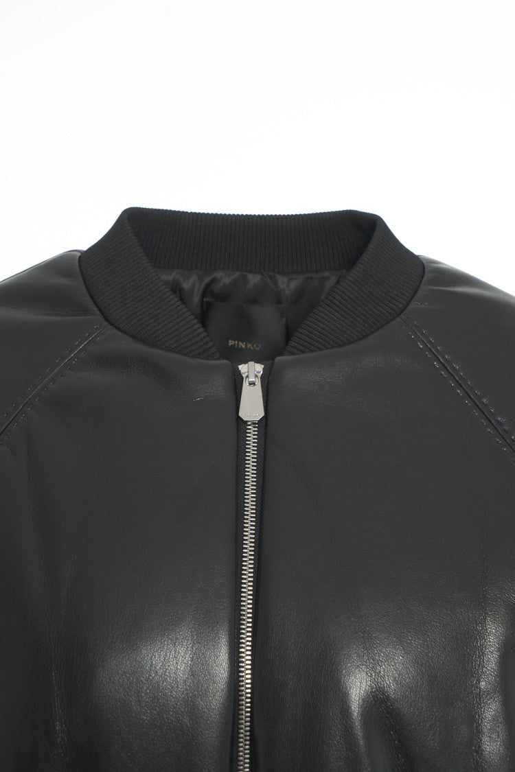 Pinko Oversized Black Bomber Jacket In Faux Leather
