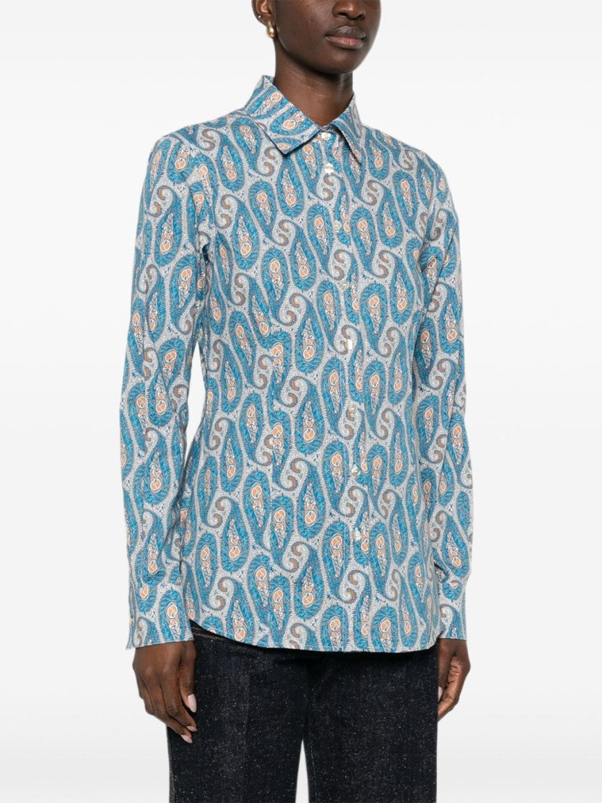 Etro Turquoise Paisley Print Long-Sleeve Shirt With Classic Collar