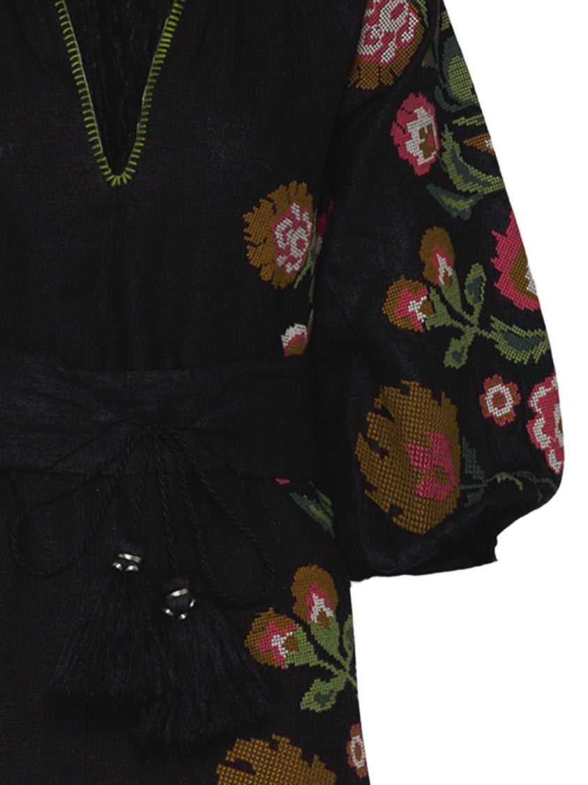 Philippa 1970 Black Linen Dress With Colorful Floral Embroidery