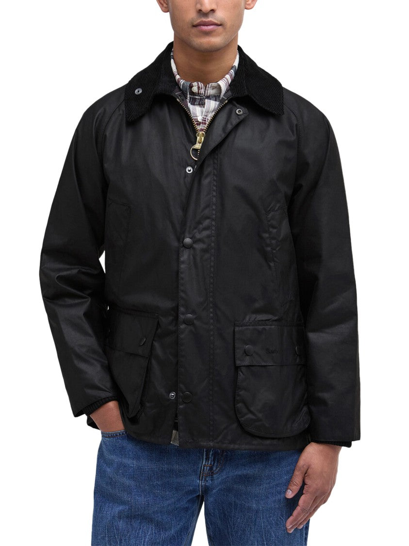 Barbour Waxed Cotton Jacket With Corduroy Collar And Flap Pockets