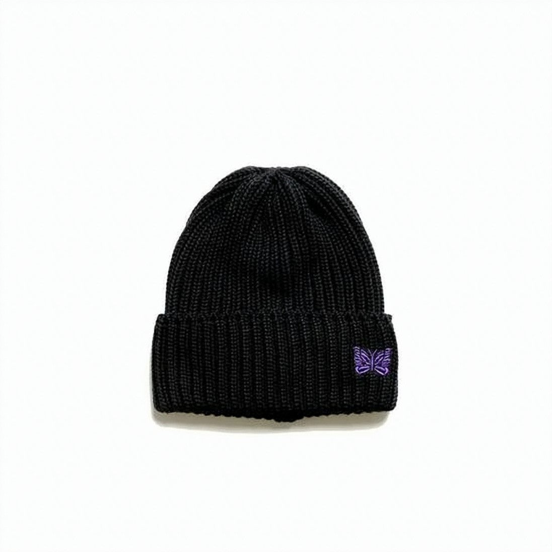 Needles Ribbed Black Wool Beanie With Embroidered Butterfly
