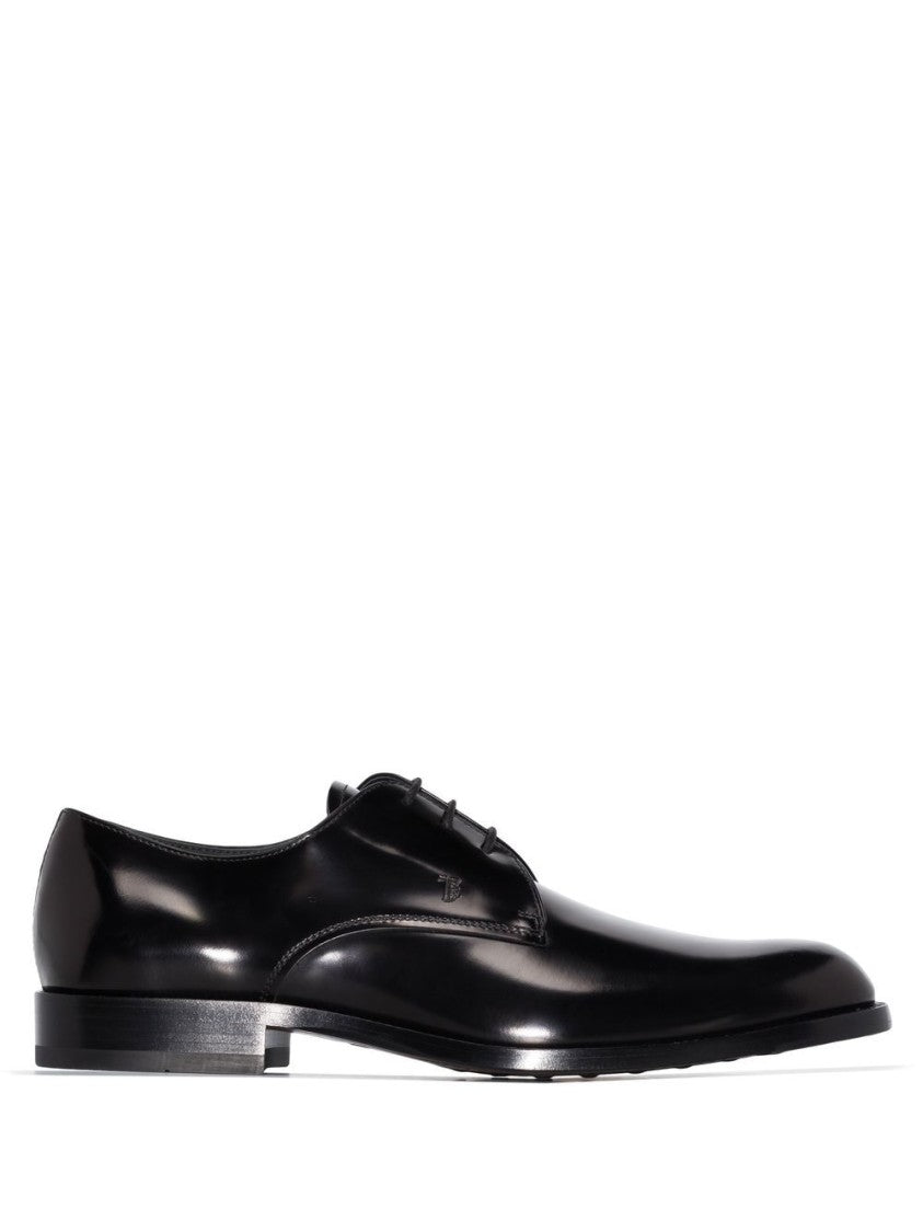 Tod's Polished Lace-Up Black Flat Shoes With Rounded Toe