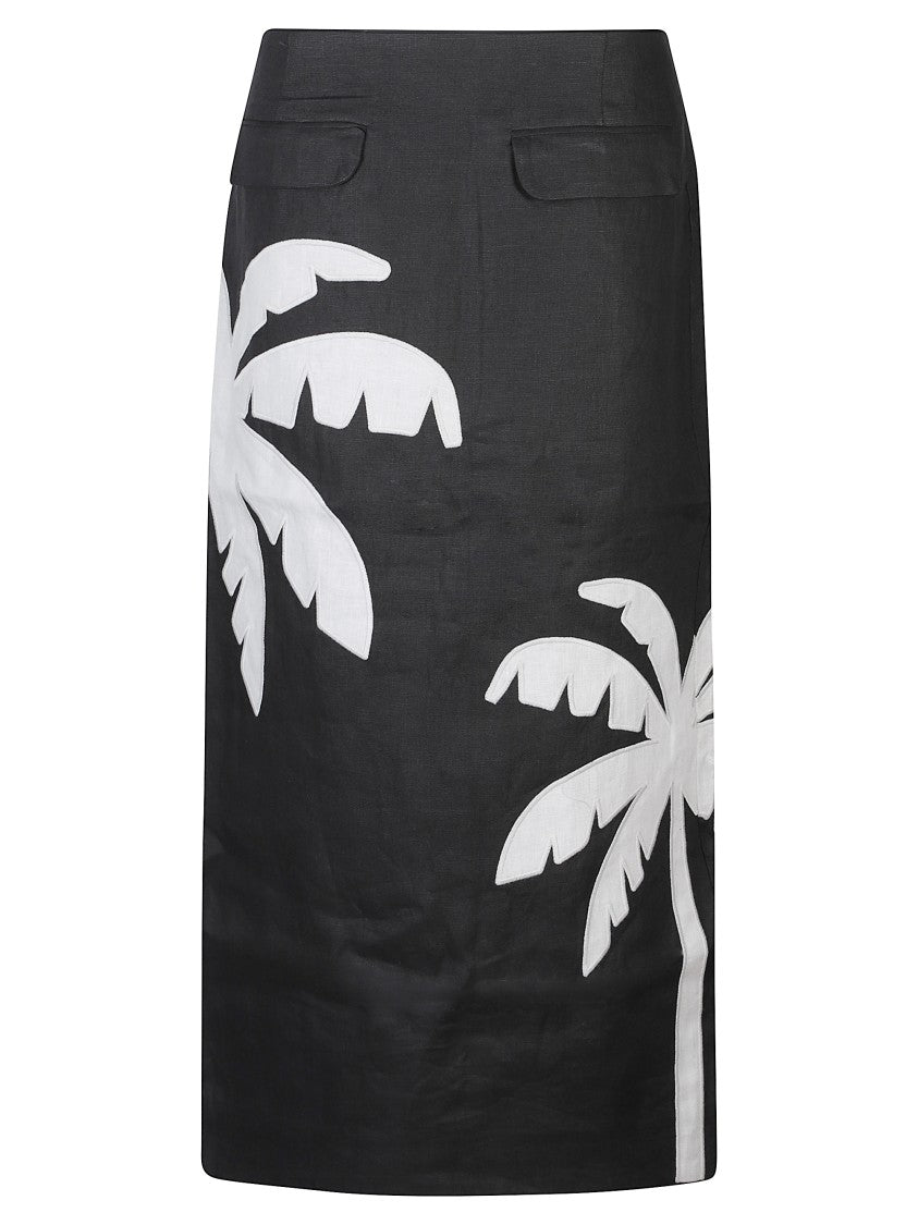 Farm Rio Black Patch Pockets Linen Midi Skirt