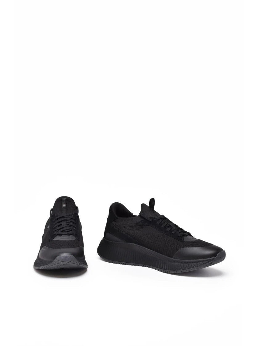 Boss Black Leather-Blend Knit Sneakers
