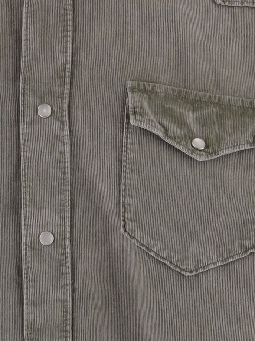 Gherardi Grey-Green Flap-Pocket Ribbed Cotton Shirt