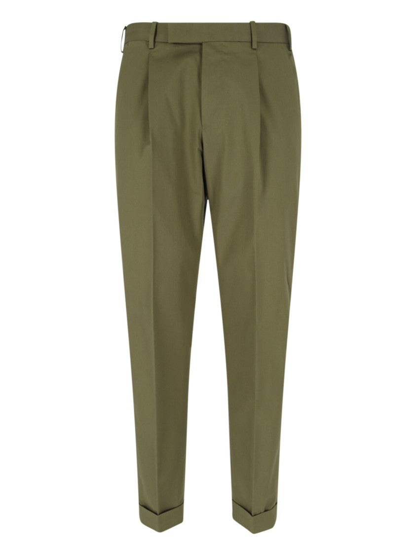 Pt Torino Green Cotton Chinos With Pleats And Cuffed Hem