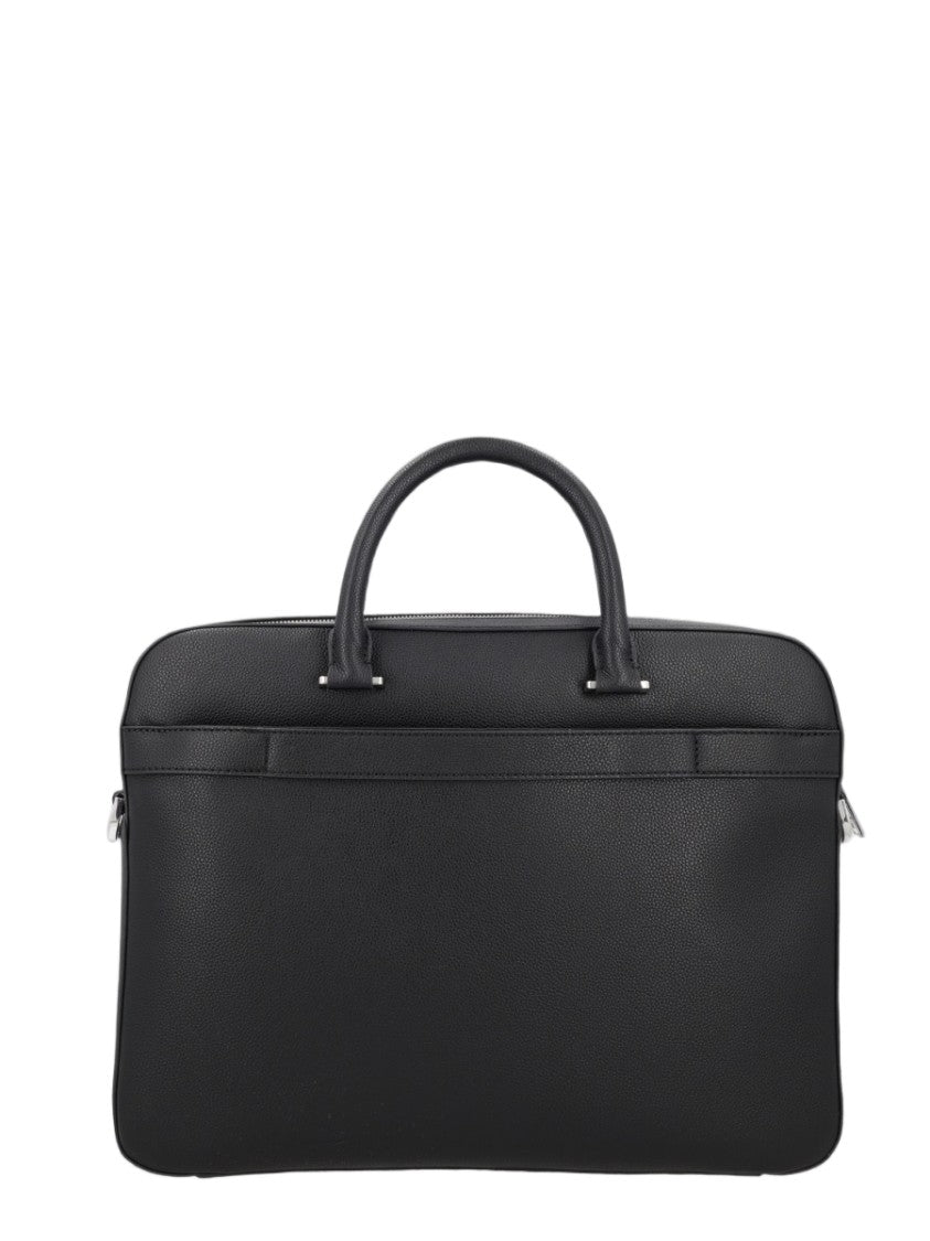 Boss Textured Black Document Bag With Dual Handles And Shoulder Strap
