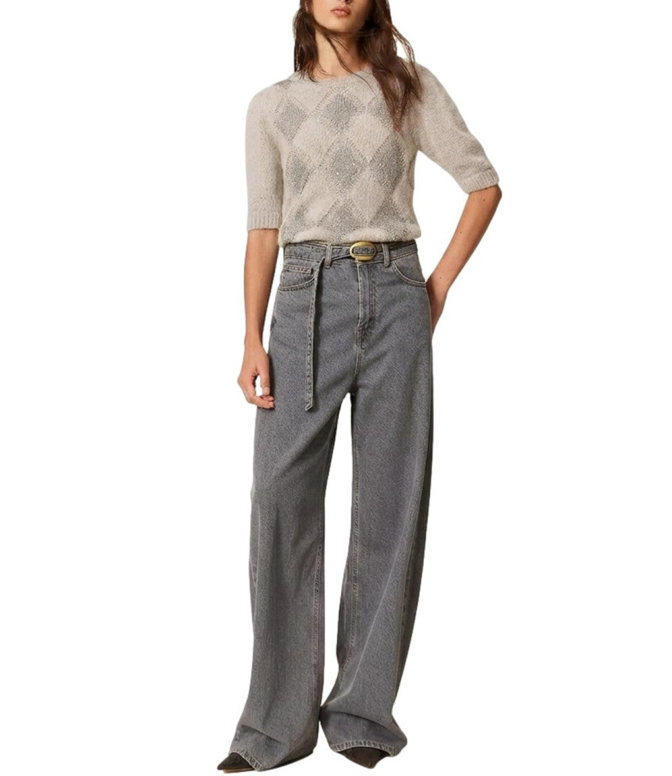 Twin-Set High-Waisted Buckle Wide-Leg Jeans
