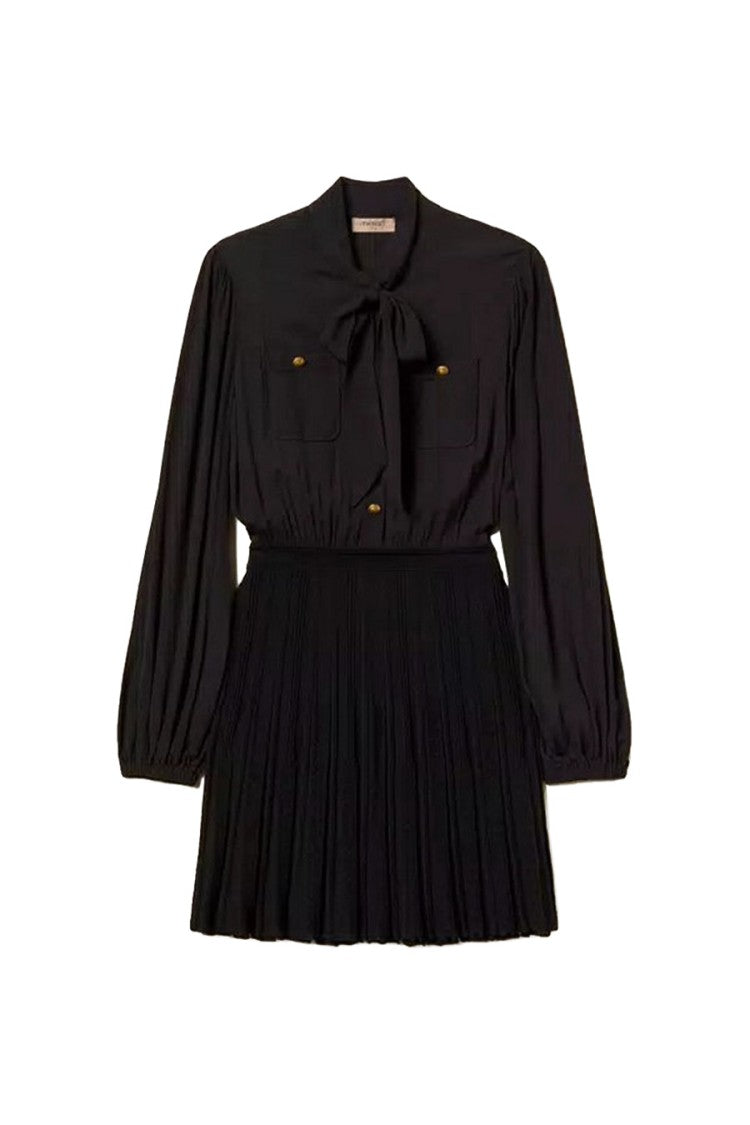 Twin-Set Black Polyamide-Viscose Blend Tie-Neck Pleated Dress