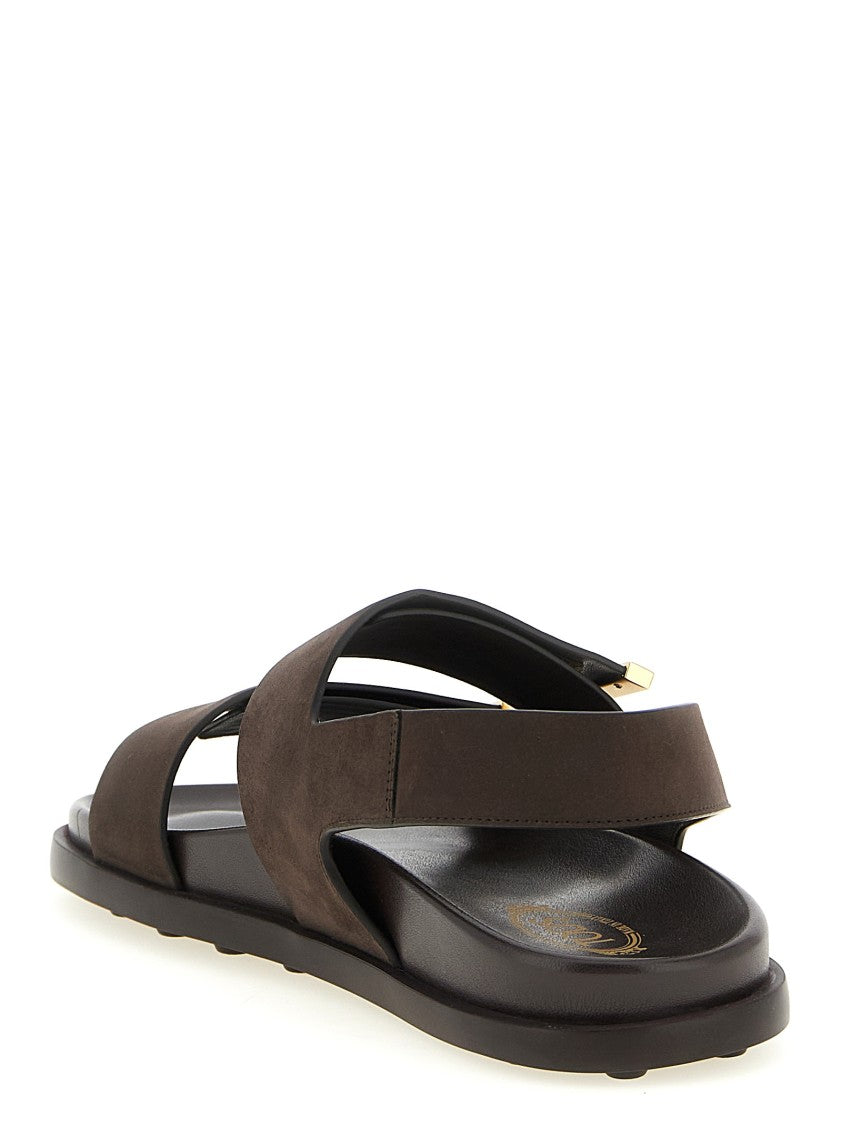 Tod's Wide Nubuck Sandals With Adjustable Velcro Straps And Anatomical Insole