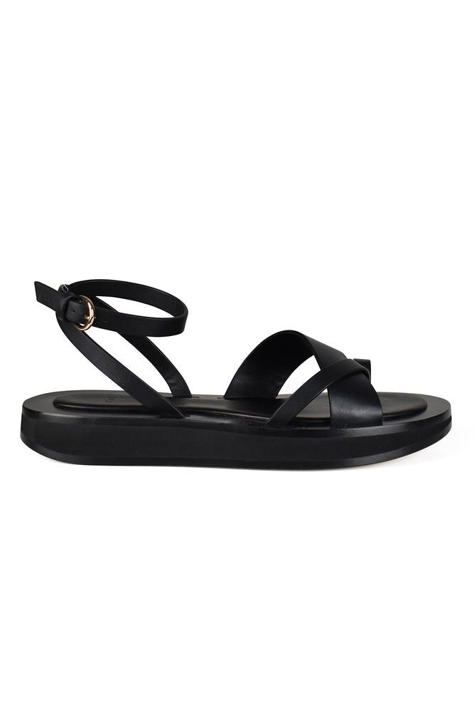 Co Black Leather Flat Sandals With Gold Closure
