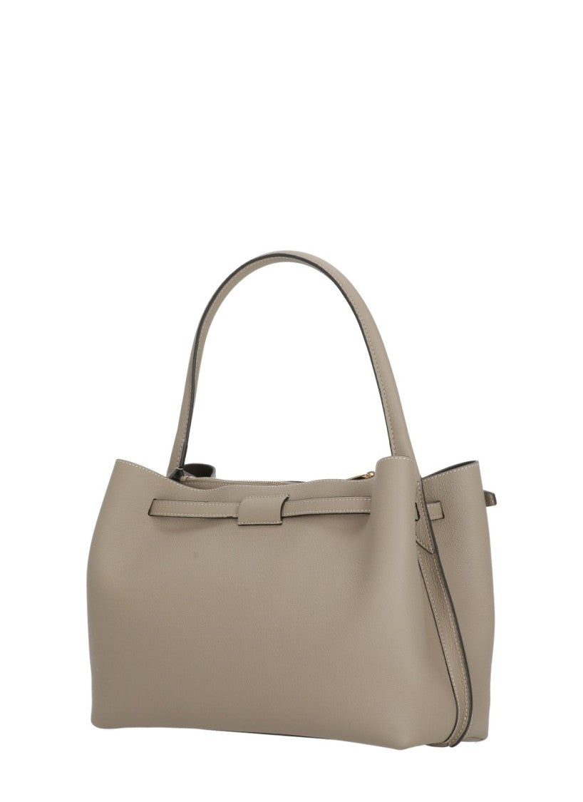 Tod's Timeless Beige Leather Top Handle Bag With Metallic Logo